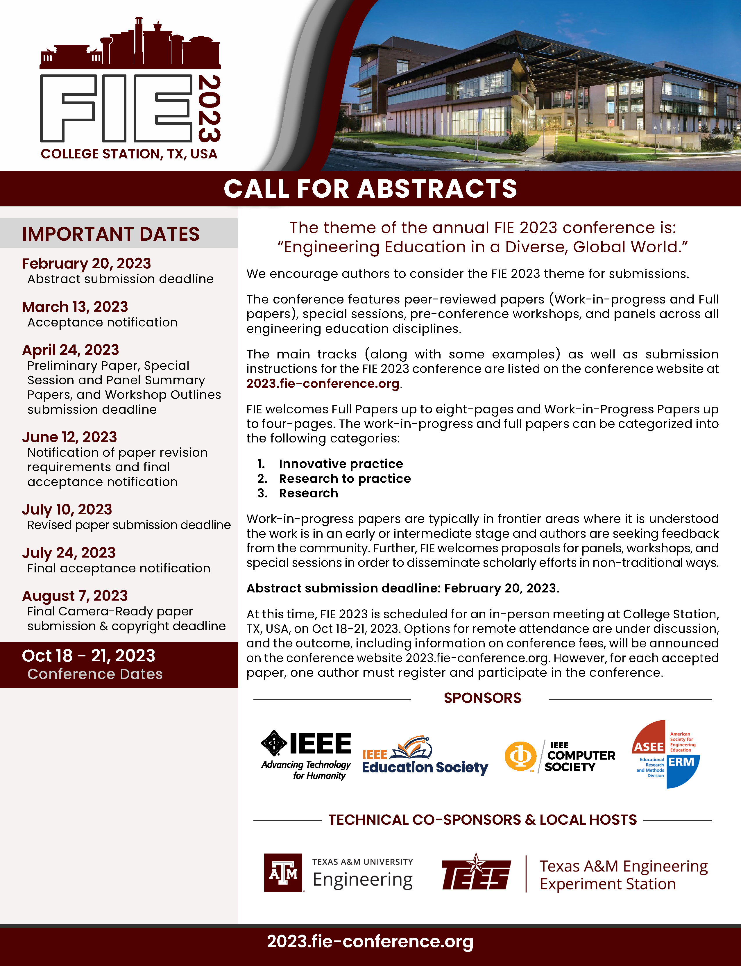 FIE 2023 Call for Abstracts ASEE Educational Research and Methods