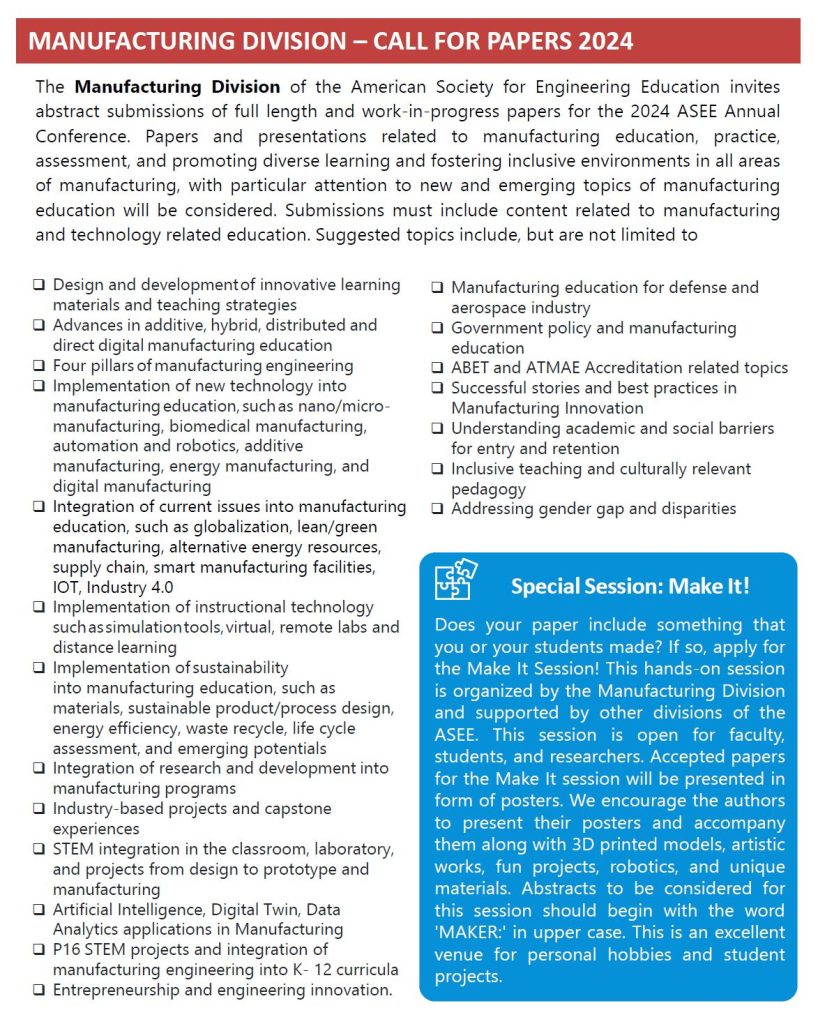 ASEE Manufacturing Division Call for Papers. See PDF link for text of this image.